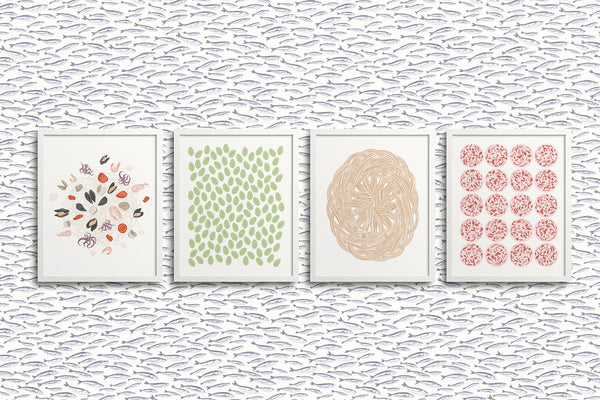 Kate Golding Frutti di Mare, Mint Julep, Basket Weave and Charcuterie Art Prints from her Luncheon Collection.  Canadian designed art for your home.  Kate Golding also creates wallpaper and textiles.