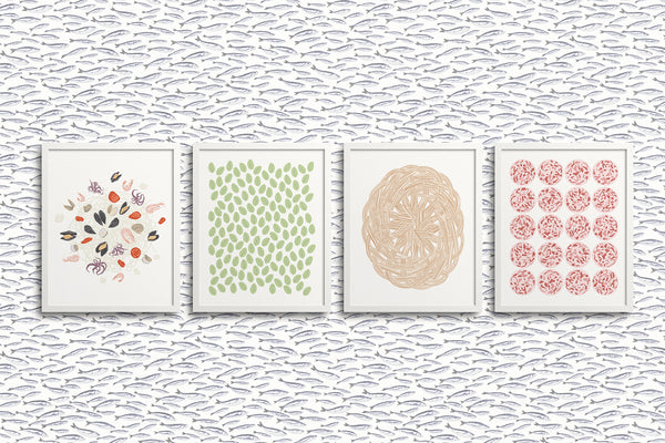 Kate Golding Frutti di Mare, Mint Julep, Basket Weave and Charcuterie  Art Prints from her Luncheon Collection.  Canadian designed art for your home.  Kate Golding also creates wallpaper and textiles.