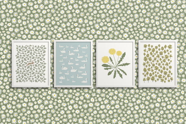 Kate Golding Rabbit, Swans, Dandelion One (White) and Woodland Walk Art Prints from her Magical Day Collection.  Canadian designed art for your home.  Kate Golding also creates wallpaper and textiles.