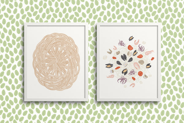 Kate Golding Basket Weave and Frutti di Mare Art Prints from her Luncheon Collection. Canadian designed art for your home. Kate Golding also creates wallpaper and textiles.