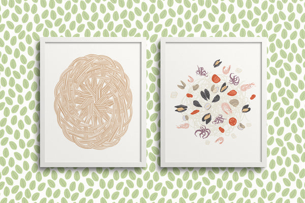 Kate Golding Basket Weave and Frutti di Mare Art Prints from her Luncheon Collection.  Canadian designed art for your home.  Kate Golding also creates wallpaper and textiles.