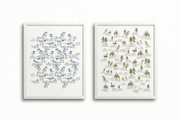 Kate Golding Blue Jay and Canadian Shield Art Prints from her Great Lakes Collection.  Canadian designed art for your home.  Kate Golding also creates wallpaper and textiles.