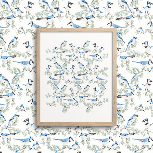 Kate Golding Blue Jay Art Print from her Great Lakes Collection.  Canadian designed art for your home.  Kate Golding also creates wallpaper and textiles.