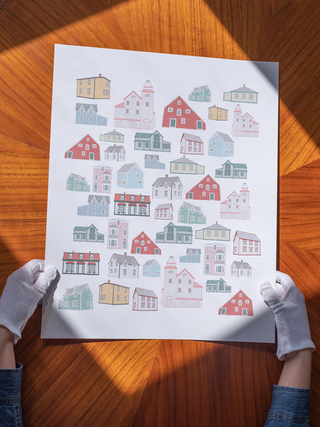 Kate Golding Bonavista Houses Art Print from her Newfoundland Collection. Canadian designed art for your home. Kate Golding also creates wallpaper and textiles.