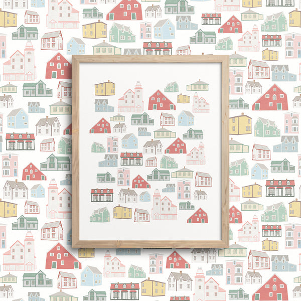 Kate Golding Bonavista Houses Art Print from her Newfoundland Collection.  Canadian designed art for your home.  Kate Golding also creates wallpaper and textiles.