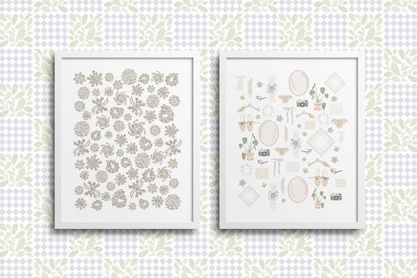 Kate Golding Crystals (White) and Storied Life Art Prints from her Heirlooms Collection. Canadian designed art for your home. Kate Golding also creates wallpaper and textiles.