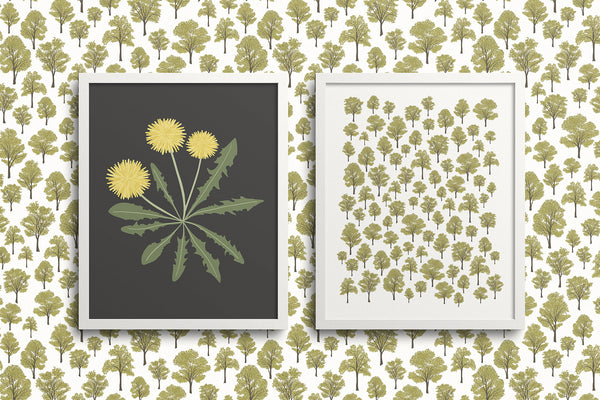 Kate Golding Dandelion One (Charcoal) and Woodland Walk Art Prints from her Magical Day Collection.  Canadian designed art for your home.  Kate Golding also creates wallpaper and textiles.