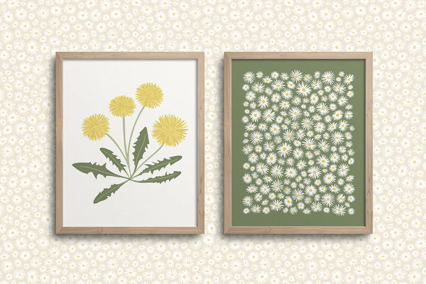 Kate Golding Dandelion Two (White) and Daisy (Green) Art Prints from her Magical Day Collection.  Canadian designed art for your home.  Kate Golding also creates wallpaper and textiles.