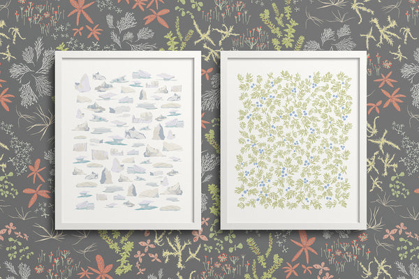 Kate Golding Icebergs and Juniper (Summer) Art Prints from her Newfoundland Collection.  Canadian designed art for your home.  Kate Golding also creates wallpaper and textiles.