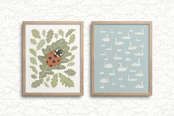 Kate Golding Ladybird and Swans Art Prints from her Magical Day Collection.  Canadian designed art for your home.  Kate Golding also creates wallpaper and textiles.