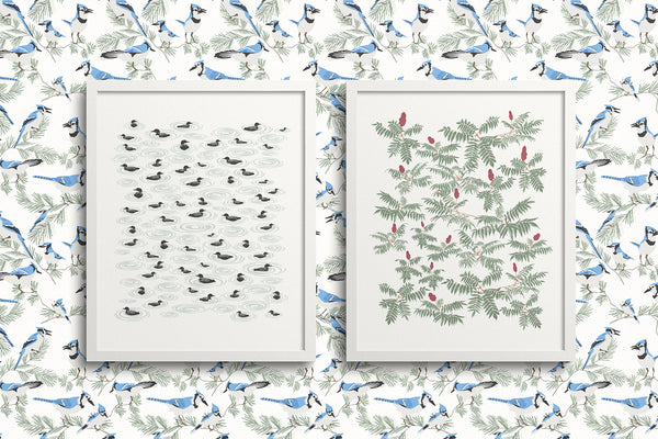 Kate Golding Loon Lake and Sumac Art Prints from her Great Lakes Collection.  Canadian designed art for your home.  Kate Golding also creates wallpaper and textiles.
