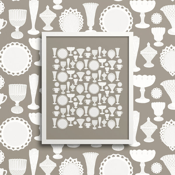 Kate Golding Milk Glass (Brown) Art Print from her Heirlooms Collection. Canadian designed art for your home. Kate Golding also creates wallpaper and textiles.