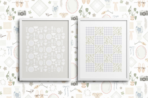 Kate Golding Milk Glass (Putty) and Botanical Quilt (Periwinkle) Art Prints from her Heirlooms Collection. Canadian designed art for your home. Kate Golding also creates wallpaper and textiles.
