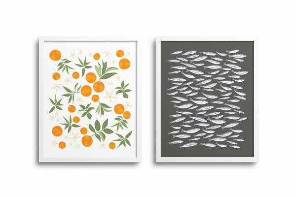 Kate Golding Orange Blossom and Sardines (Charcoal) Art Prints from her Luncheon Collection.  Canadian designed art for your home.  Kate Golding also creates wallpaper and textiles.