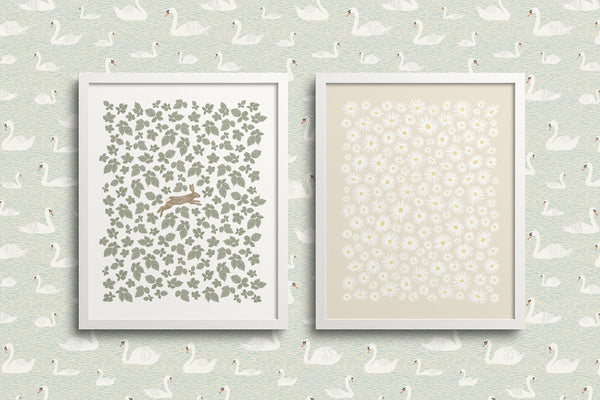 Kate Golding Rabbit and Daisy (Cream) Art Prints from her Magical Day Collection.  Canadian designed art for your home.  Kate Golding also creates wallpaper and textiles.