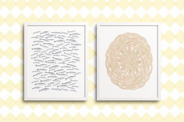Kate Golding Sardines (White) and Basket Weave Art Prints from her Luncheon Collection.  Canadian designed art for your home.  Kate Golding also creates wallpaper and textiles.