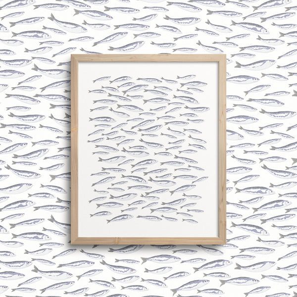 Kate Golding Sardines (White) Art Print from her Luncheon Collection.  Canadian designed art for your home.  Kate Golding also creates wallpaper and textiles.