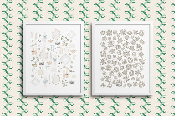 Kate Golding Storied Life and Crystals (White)  Art Prints from her Heirlooms Collection. Canadian designed art for your home. Kate Golding also creates wallpaper and textiles.