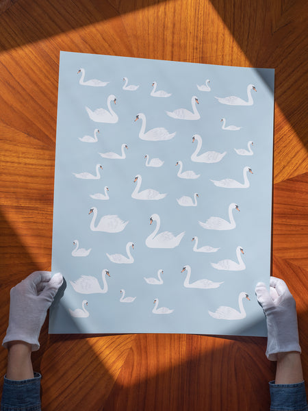 Kate Golding Swans Art Print from her Magical Day Collection. Canadian designed art for your home. Kate Golding also creates wallpaper and textiles.