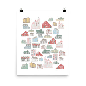 Kate Golding Bonavista Houses Art Print from her Newfoundland Collection.  Canadian designed art for your home.  Kate Golding also creates wallpaper and textiles.