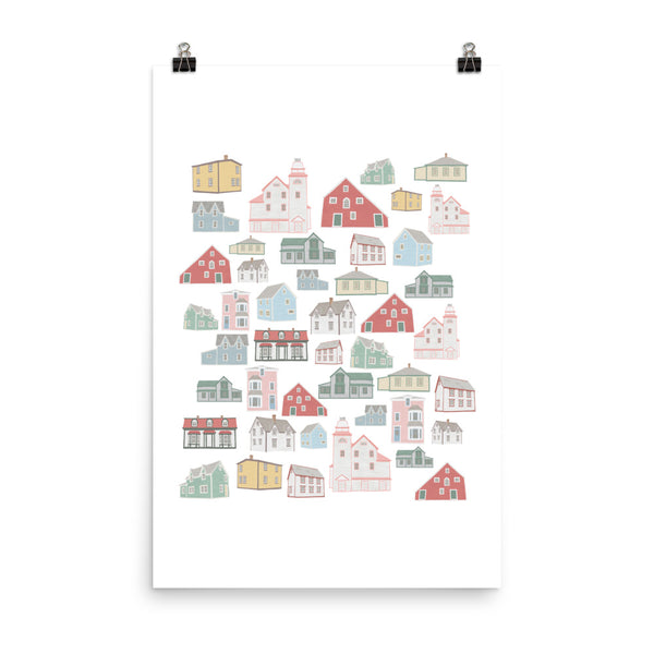Kate Golding Bonavista Houses Art Print from her Newfoundland Collection.  Canadian designed art for your home.  Kate Golding also creates wallpaper and textiles.